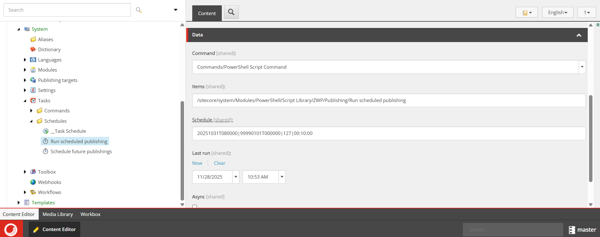 Configuration of a scheduled task in Sitecore to run the 'Run scheduled publishing' script once every 10 minutes